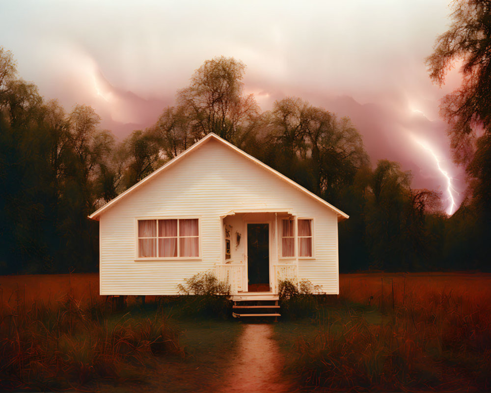 White House with Front Porch Amid Stormy Sky & Lightning