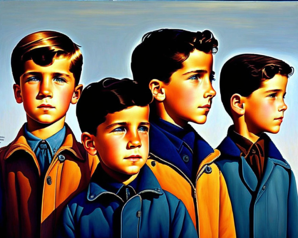 Four animated boys in profile view wearing colorful jackets under bright light