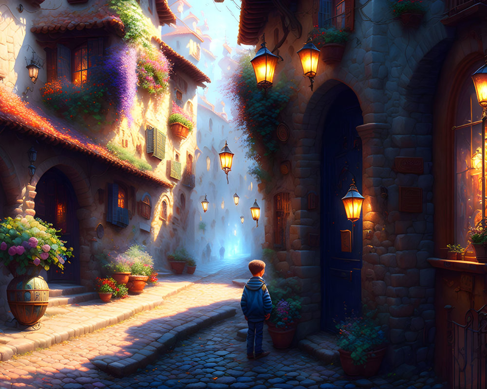 Young boy in illuminated magical village at dusk