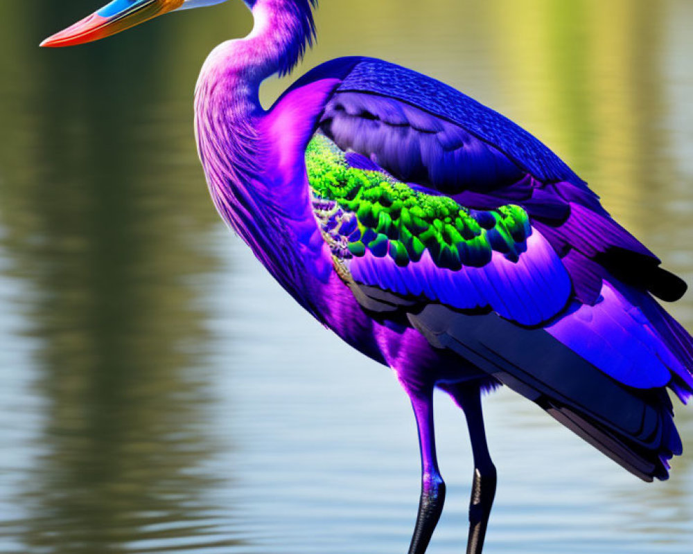 Colorful Heron Standing in Water with Iridescent Feathers