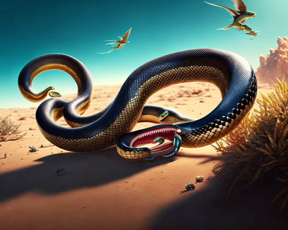 Vibrant blue snake in desert with surreal features