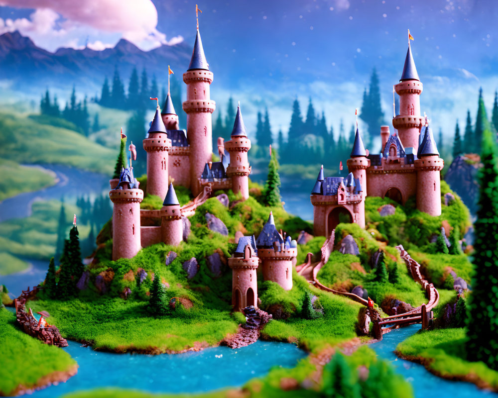 Miniature castle complex with towers, turrets, and moat in lush green setting