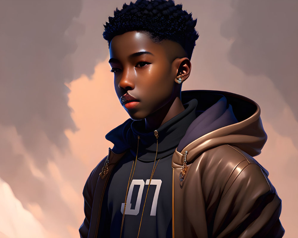 Person with stylish haircut in contemporary fashion against cloud-like background