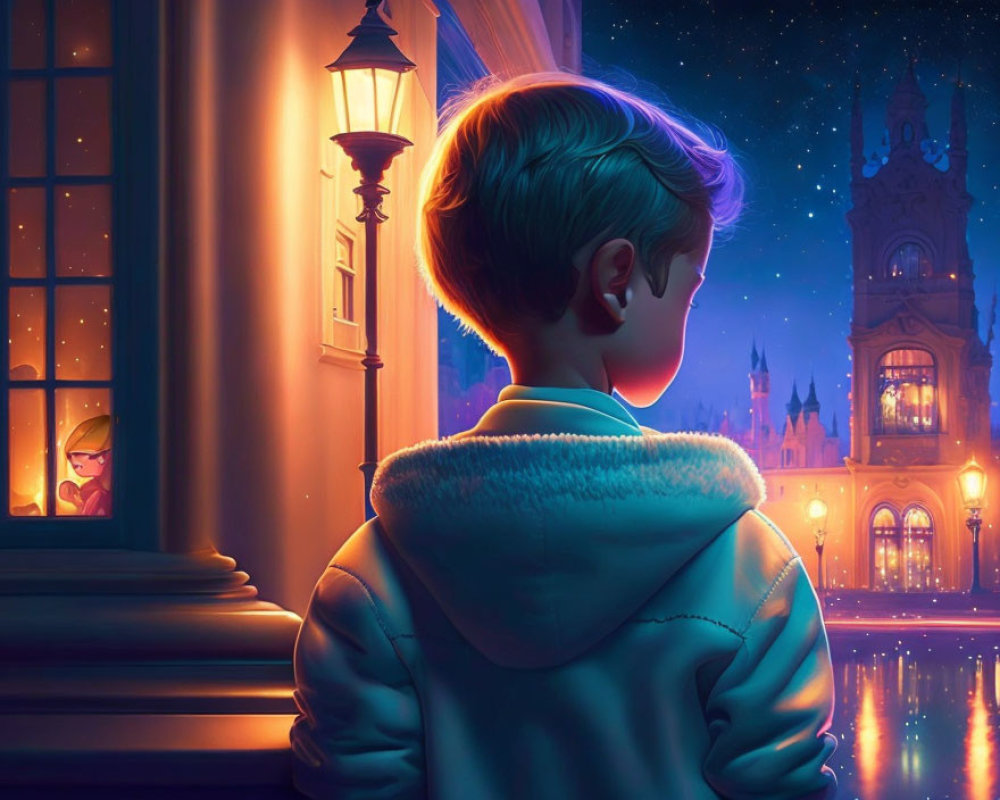 Boy admires glowing cityscape with warm light and cathedral at night