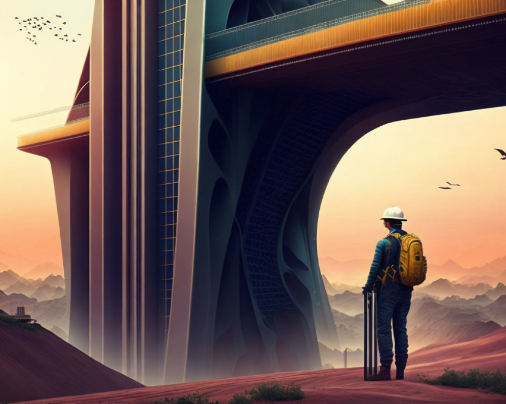 Futuristic desert structure with massive bridges at sunset