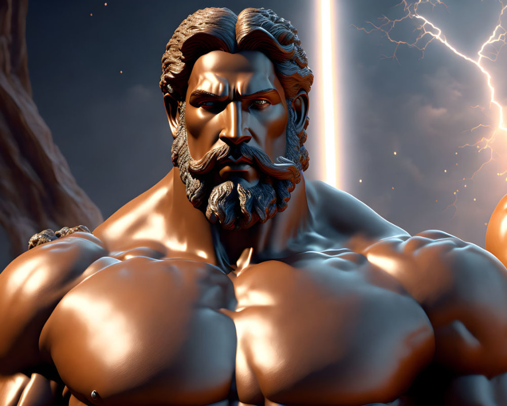 Muscular, bearded figure with intense eyes against lightning bolts background
