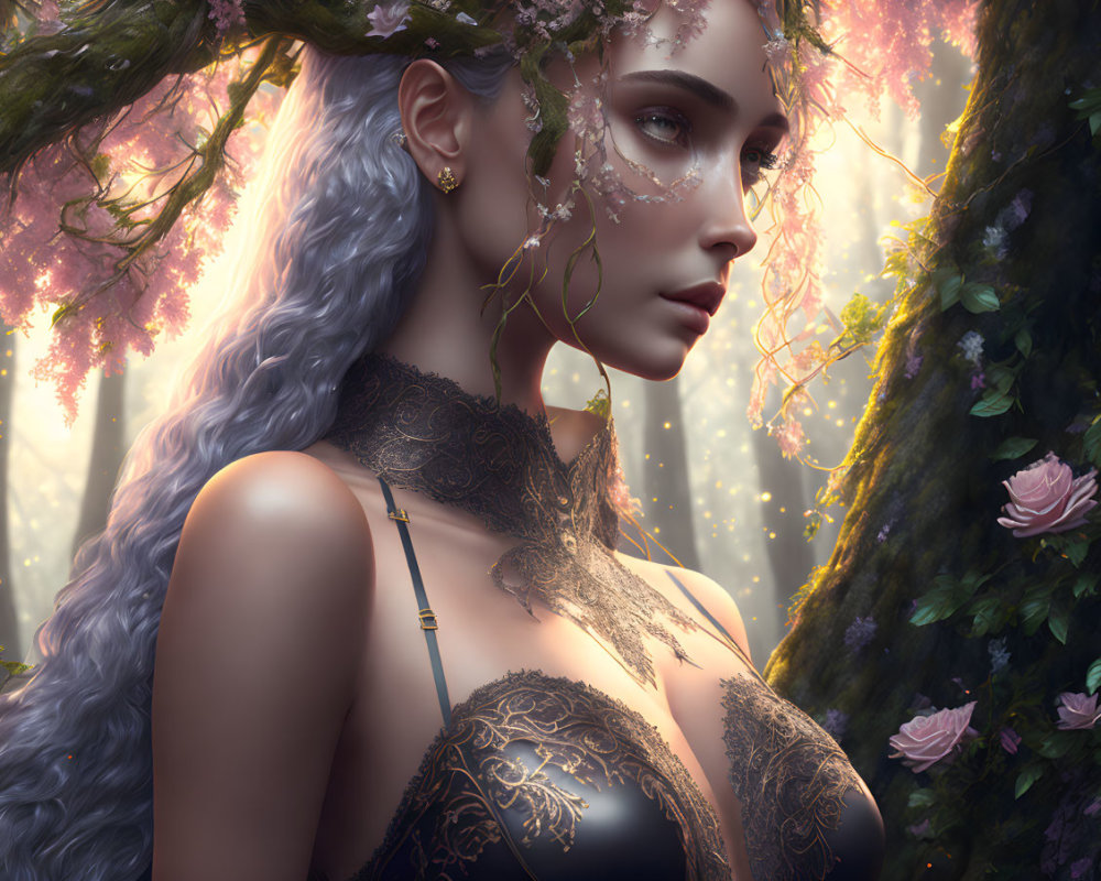 Silver-Haired Woman in Floral Headdress in Mystical Forest