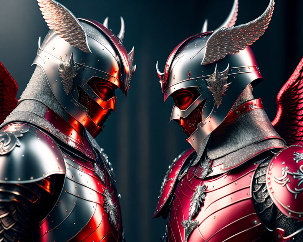 Armored knights in winged helmets with red and metallic armor face off closely
