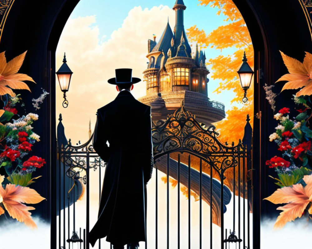 Silhouetted figure at ornate gate gazes at fantasy castle under autumn sky.