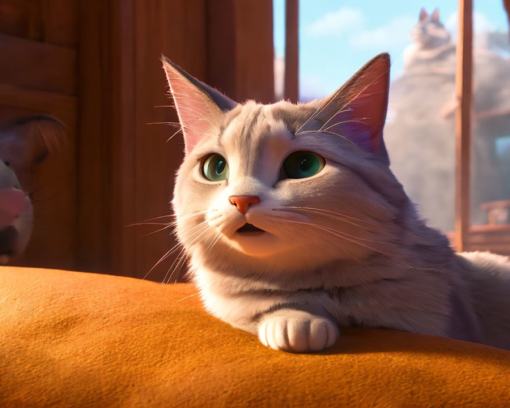 Wide-eyed surprised cat close-up on warm-toned surface