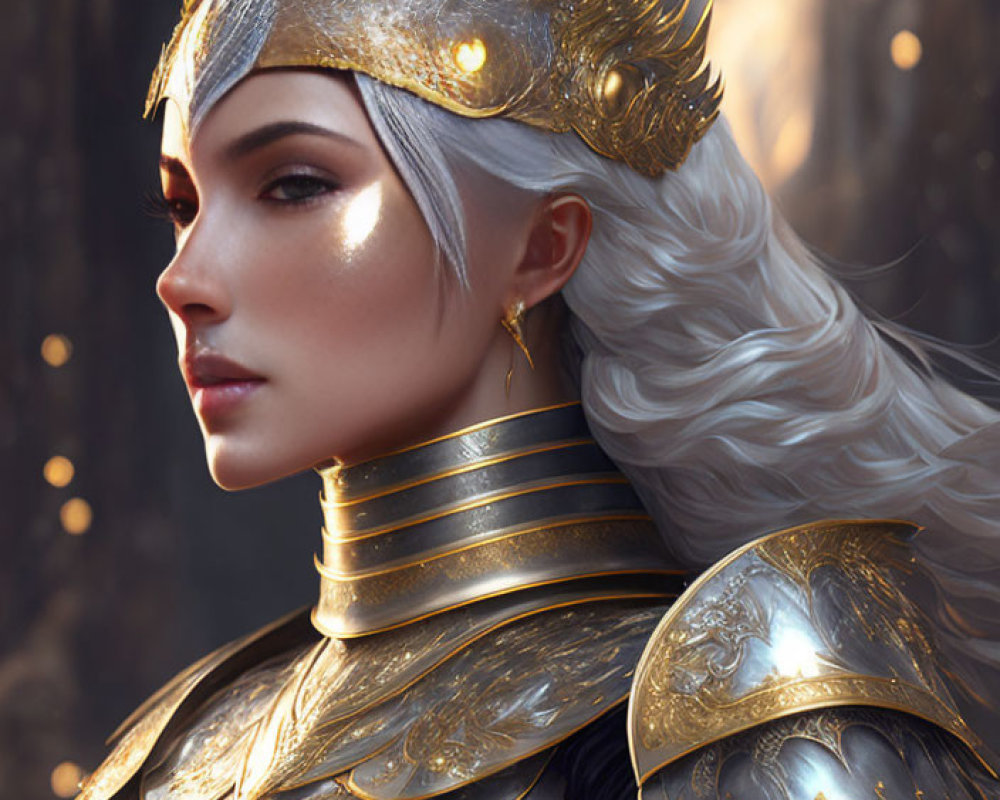 Fantasy armored female warrior with white hair and golden crown in sunlit forest