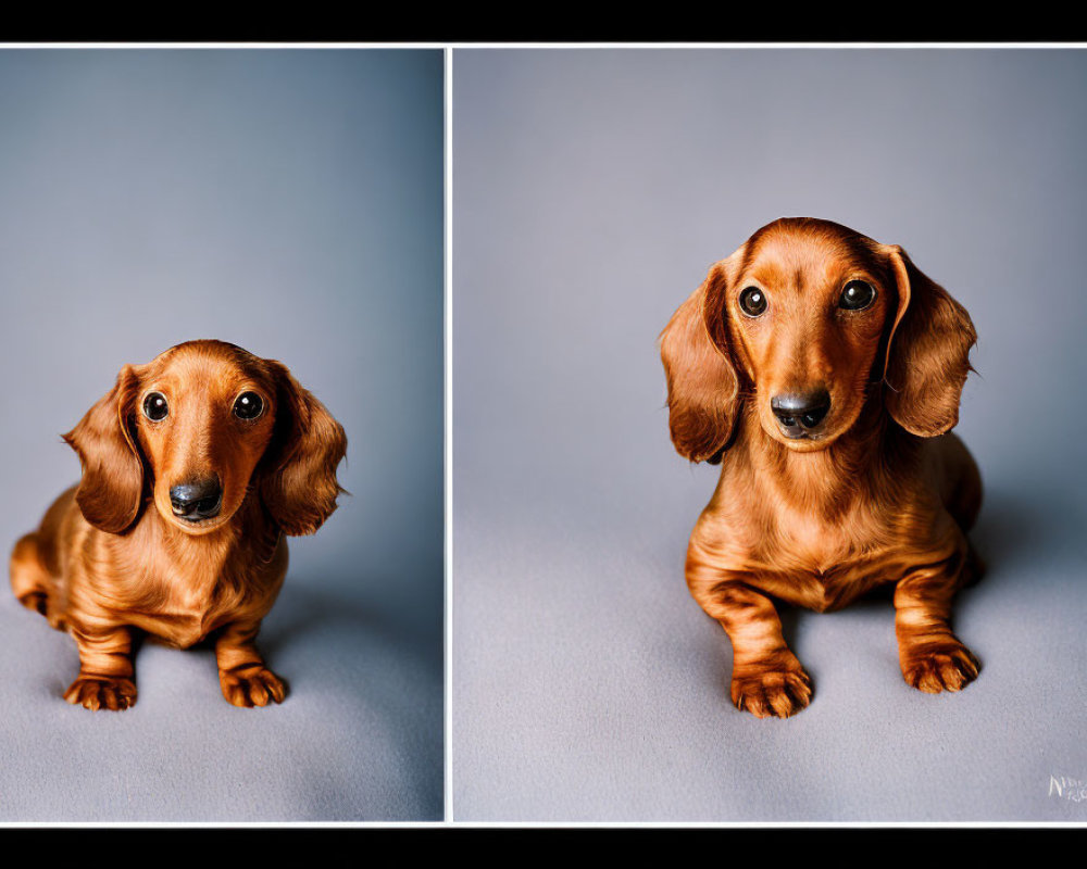 Brown Dachshund Portraits on Blue Background with Ears Down