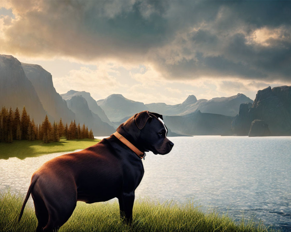 Black Dog with Collar by Lake at Dusk with Dramatic Sky