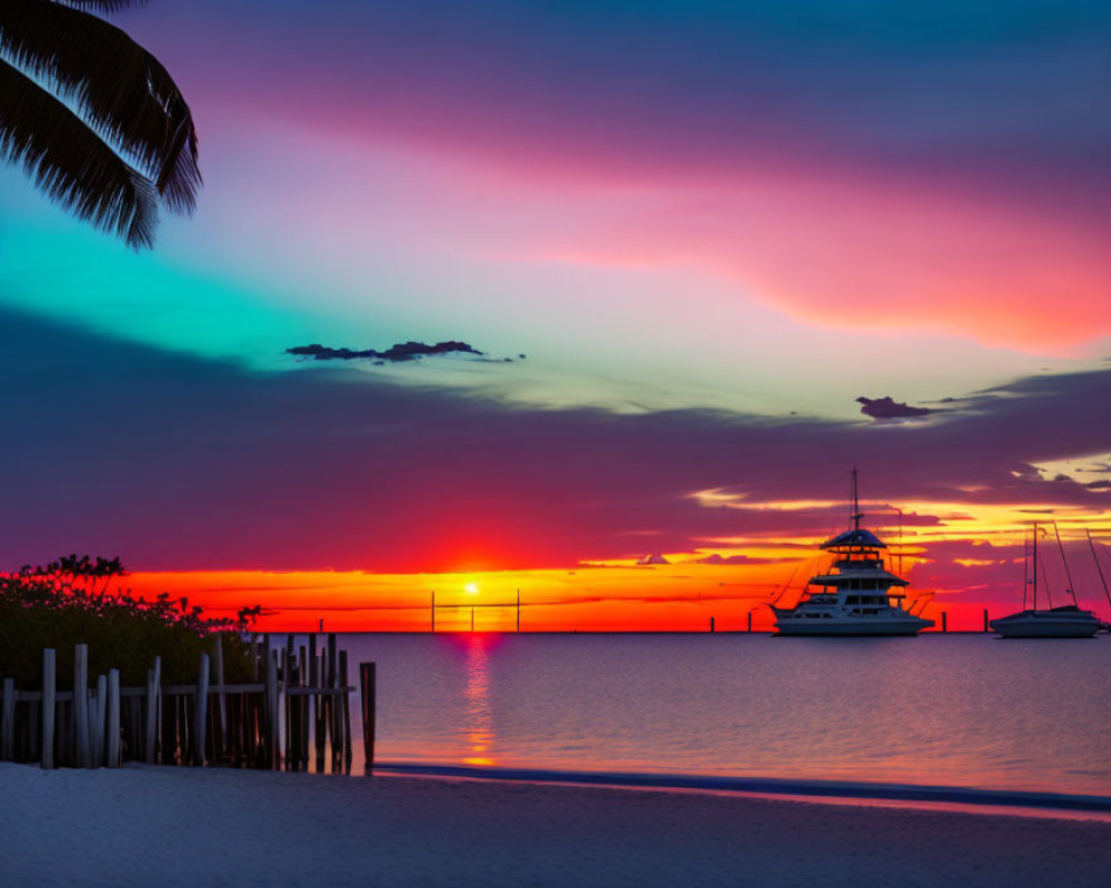 Colorful sunset scene with yacht, palm tree, and dock on tranquil beach