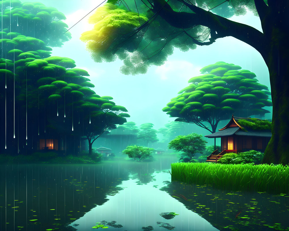 Tranquil Rainy Landscape with Green Trees and Pond