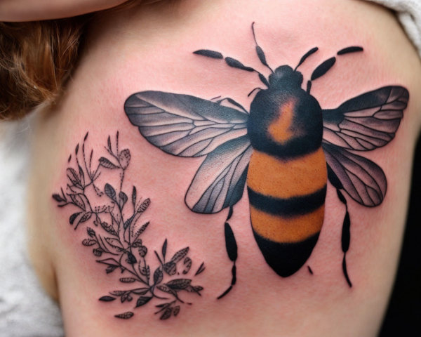 Detailed Bee Tattoo with Bold Stripes & Intricate Wings on Skin