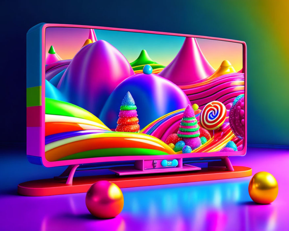 Vibrant Candy and Hills Landscape on Computer Monitor