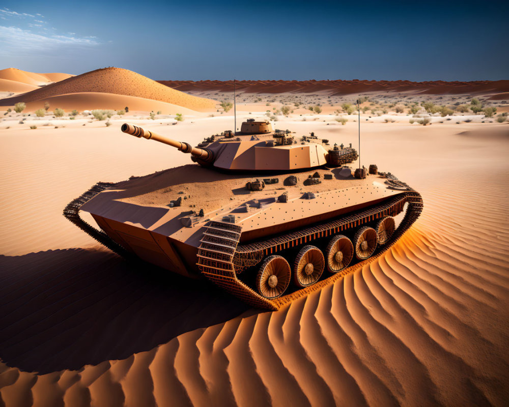Military tank maneuvers through desert sand dunes under clear blue sky