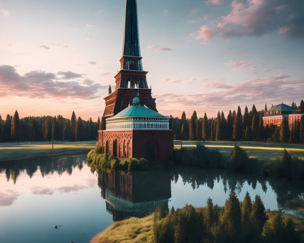 Tall Spire-Like Building Reflecting in Lake at Sunrise or Sunset