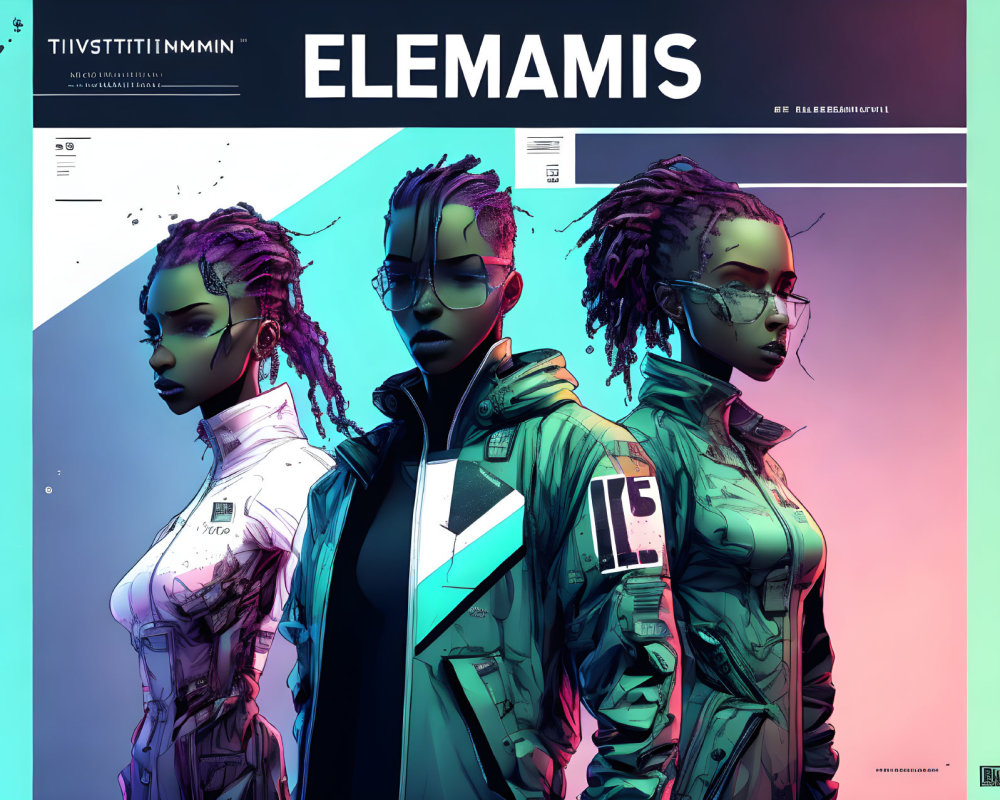 Futuristic characters with stylized hair and cybernetic enhancements on colorful background