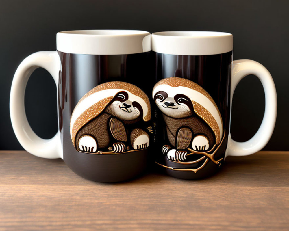 Matching sloth design mugs forming complete image on table
