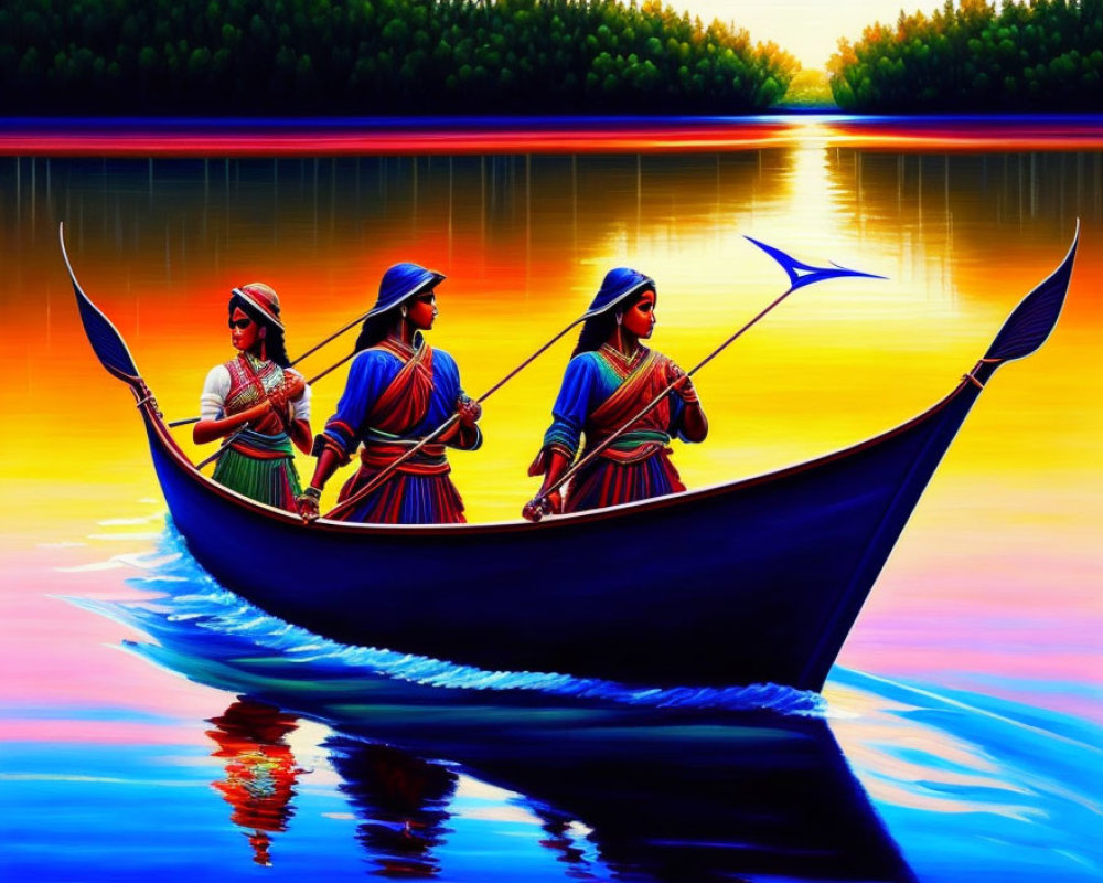Three women in traditional attire paddling boat on serene, colorful water at sunset