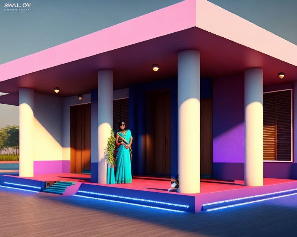 Woman in Blue Saree on Modern House Porch at Dusk