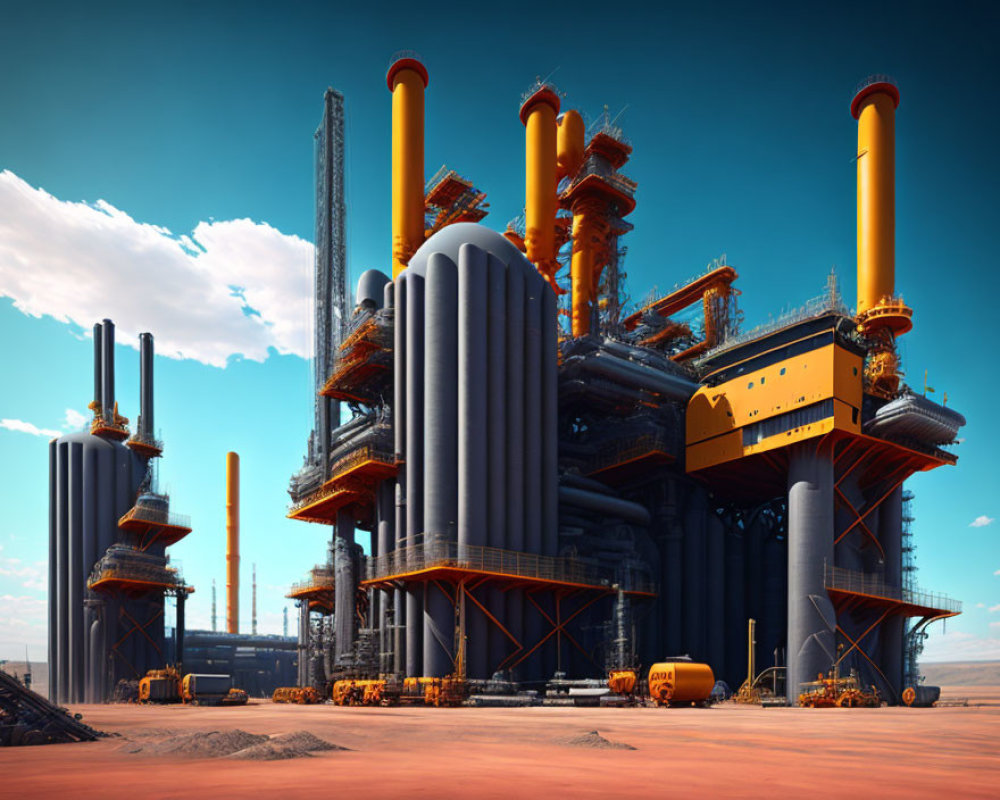 Industrial facility with towering smokestacks and structures against clear blue sky.