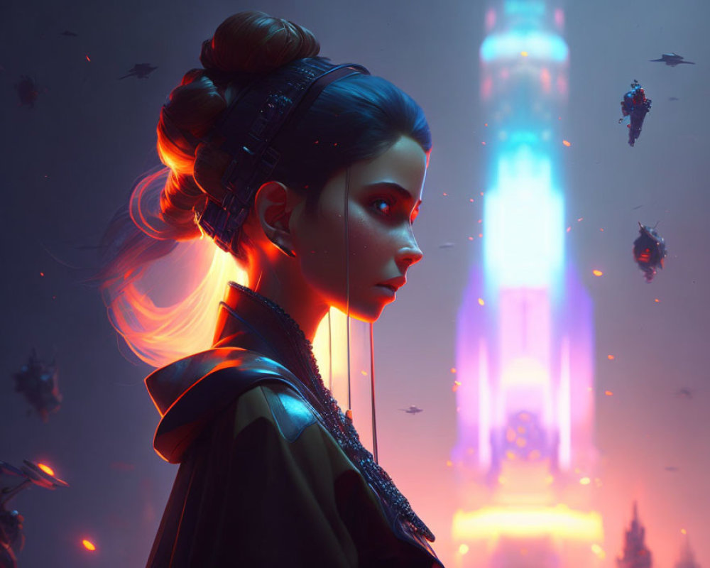Cybernetic Woman with Traditional Hairstyle in Futuristic Setting