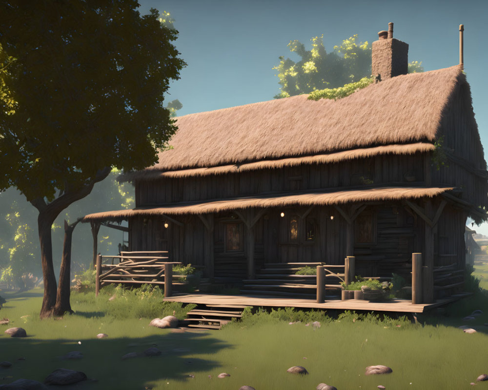 Tranquil forest clearing with thatched-roof cottage