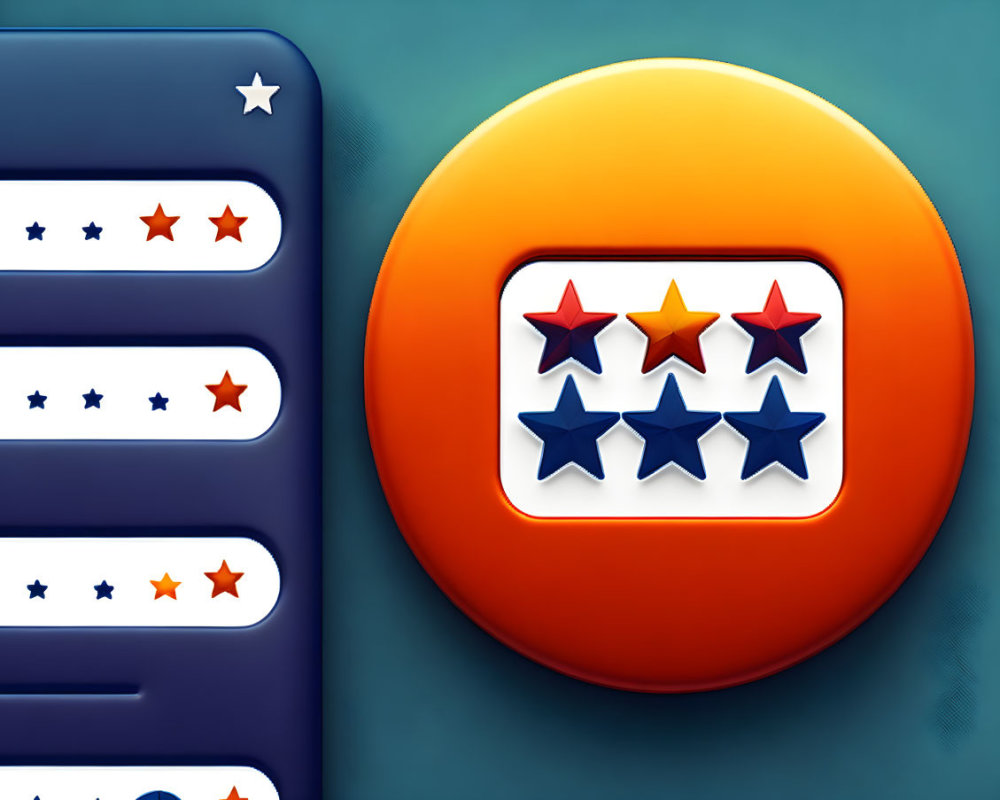 Stylized icon with colorful star rating system and magnified orange button