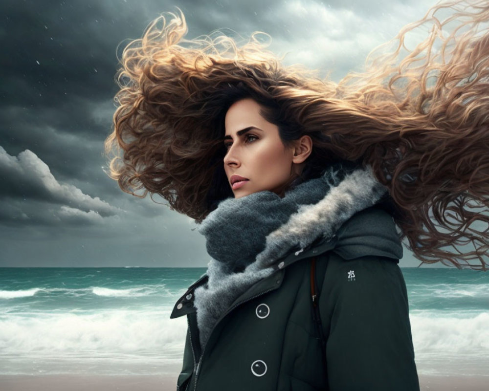 Woman with flowing hair standing by tumultuous sea in stormy sky wearing dark coat and fur-lined scarf