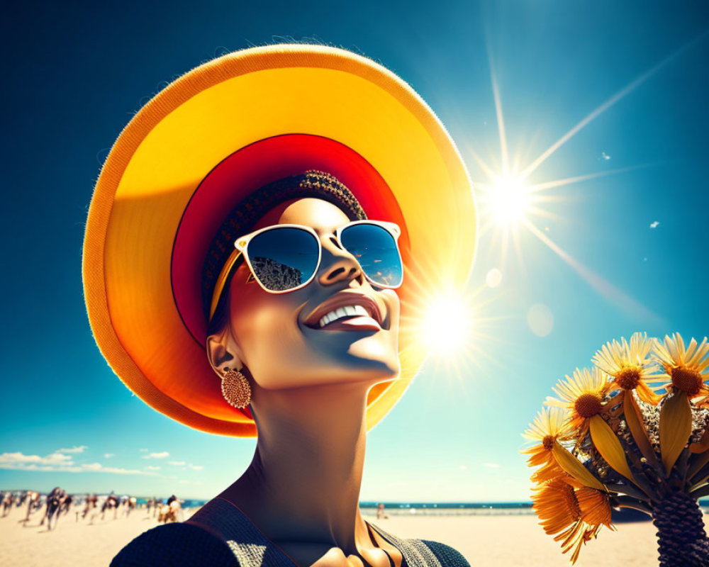 Woman in wide-brimmed hat and sunglasses holding sunflowers on vibrant beach.
