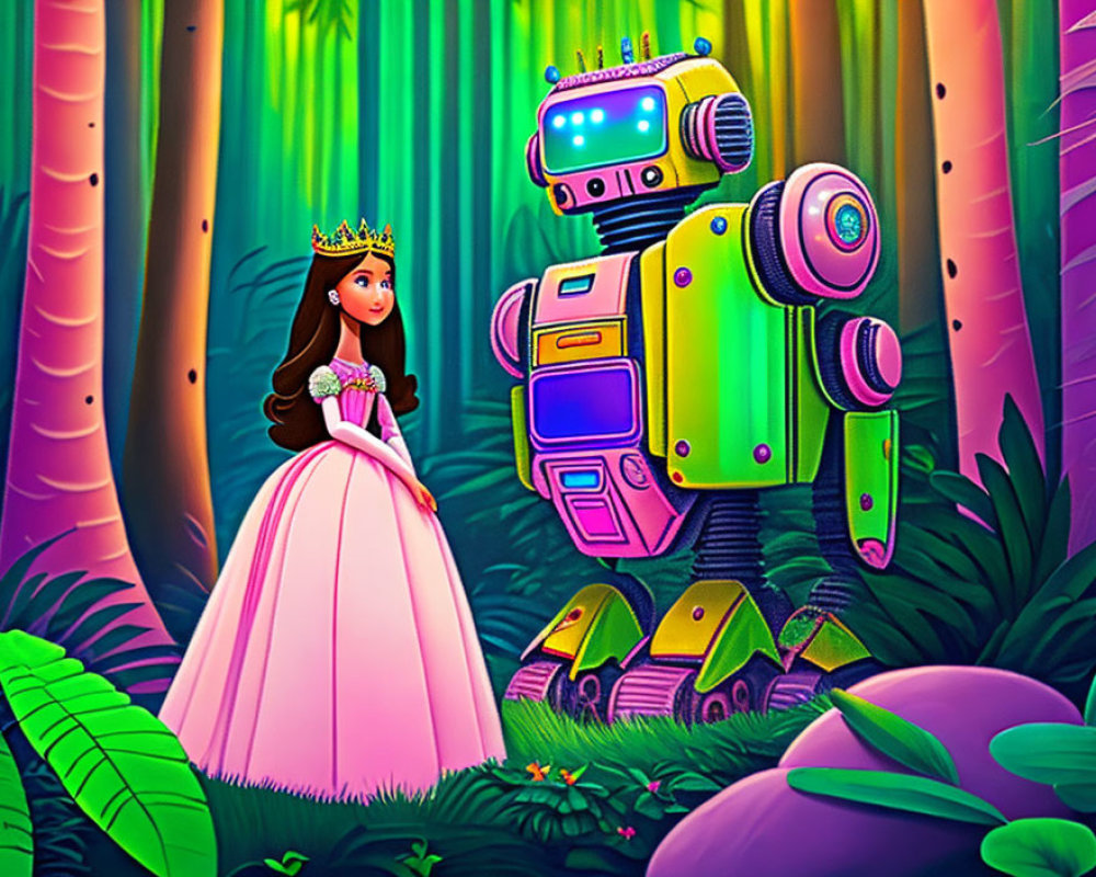Princess in pink dress and robot in vibrant forest landscape