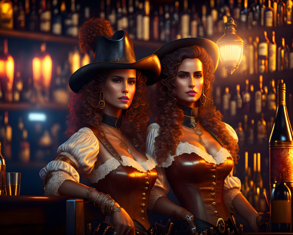 Two women in pirate costumes with tricorn hats at a bar with bottles.