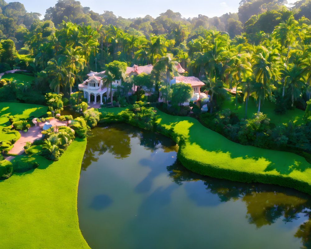 Luxurious Estate with Lush Gardens, River, and Palm Trees