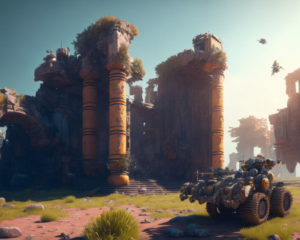 Armored vehicle in futuristic setting with ancient ruins and drones.