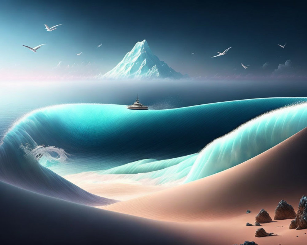 Surreal landscape with looping wave, ship, birds, mountain, rocks, and sand