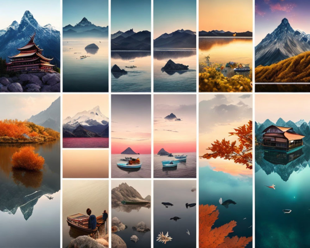 Serene landscape collage with mountains, water, architecture, and autumn foliage