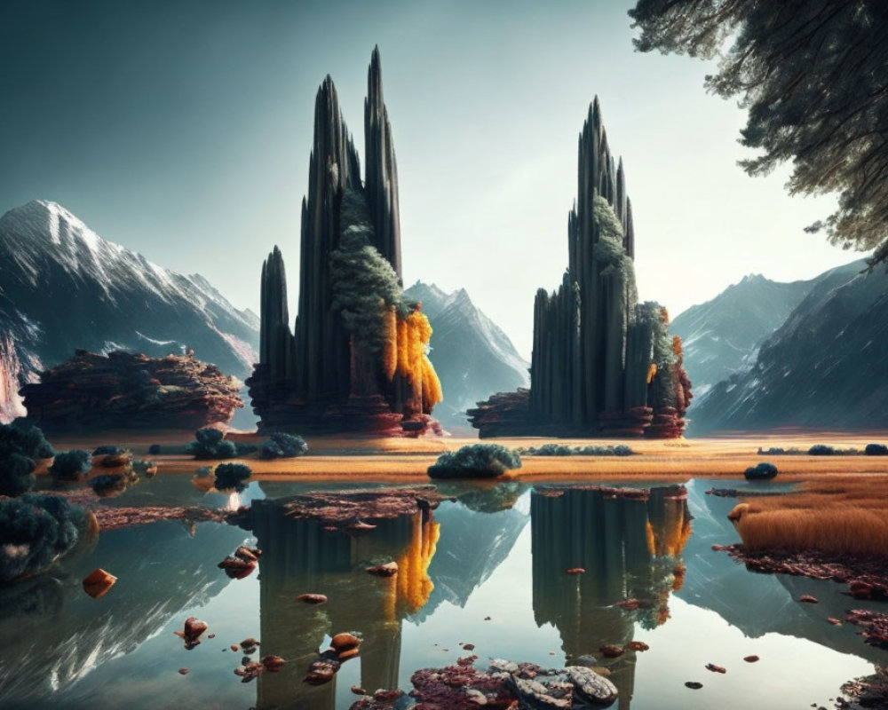 Tranquil landscape with towering rock formations and autumn foliage reflected in a still lake