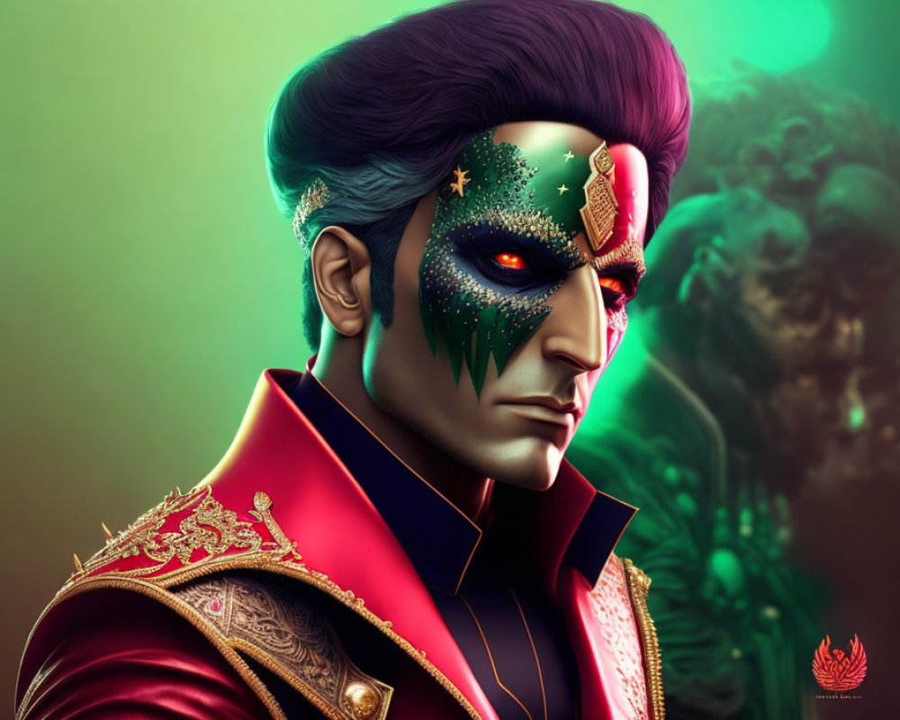 Colorful Stylized Illustration of Man with Purple Hair and Golden Eye Mask in Red Military Jacket