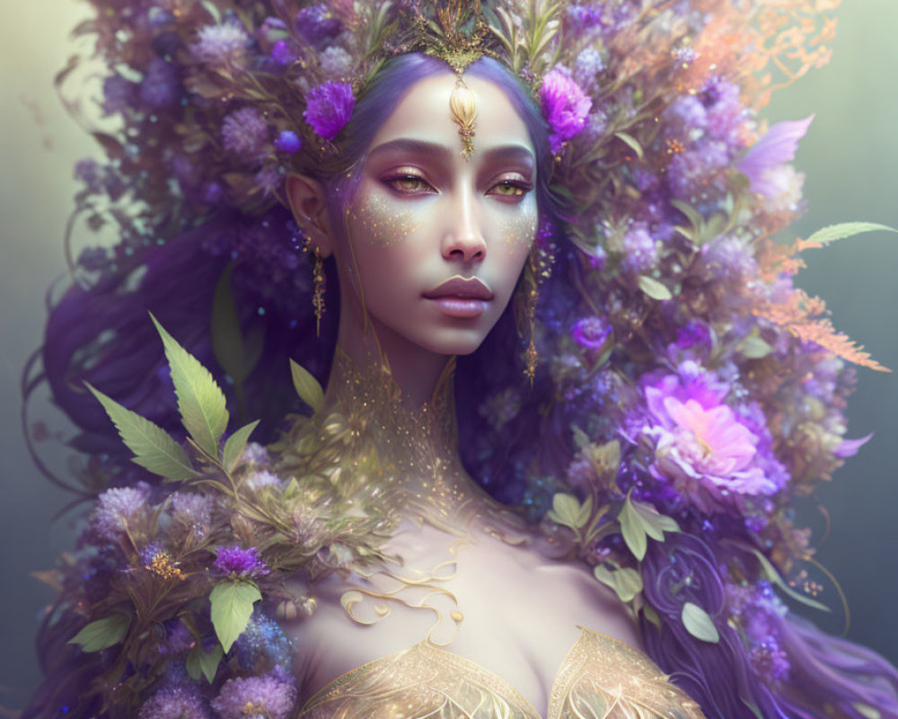 Purple-skinned fantasy woman with floral crown and golden jewelry
