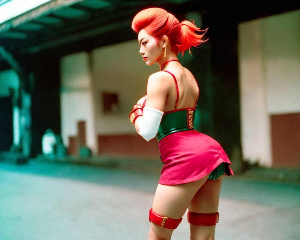 Red-haired female character in green and red outfit on street