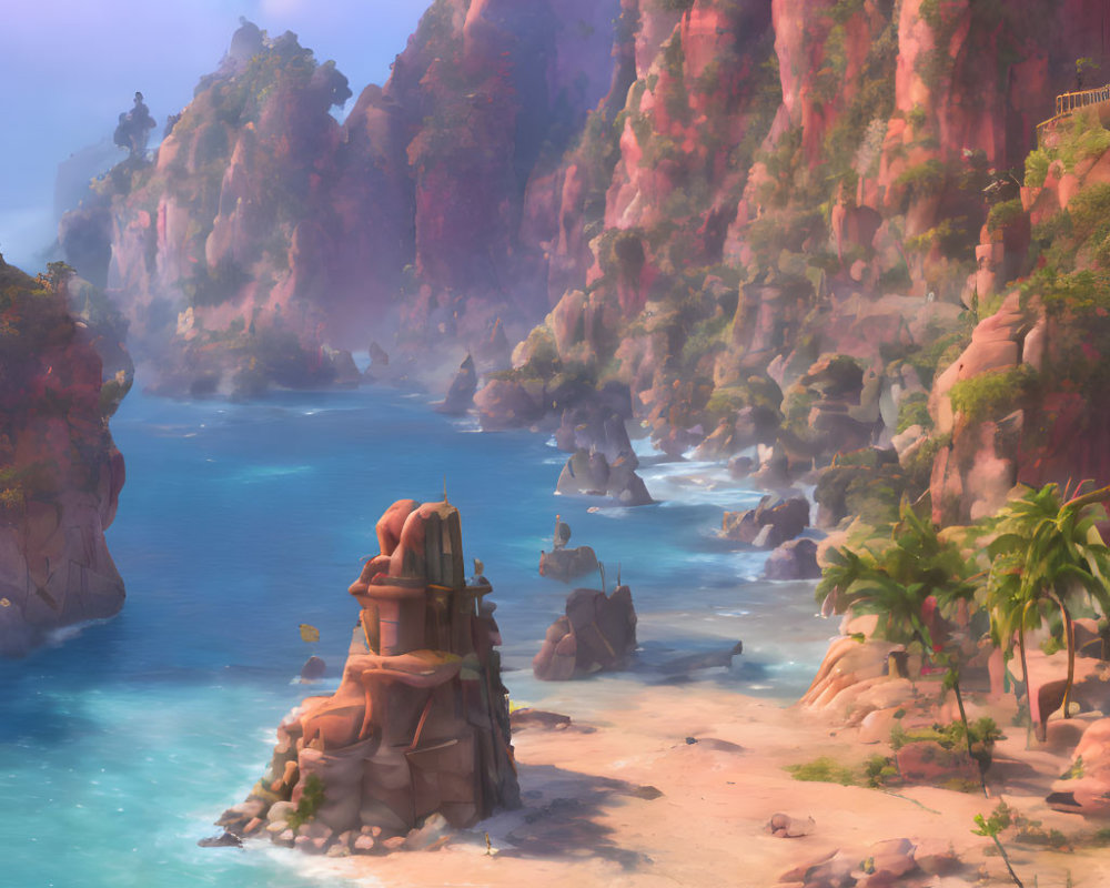 Fantastical seascape with towering pink cliffs and serene blue waters