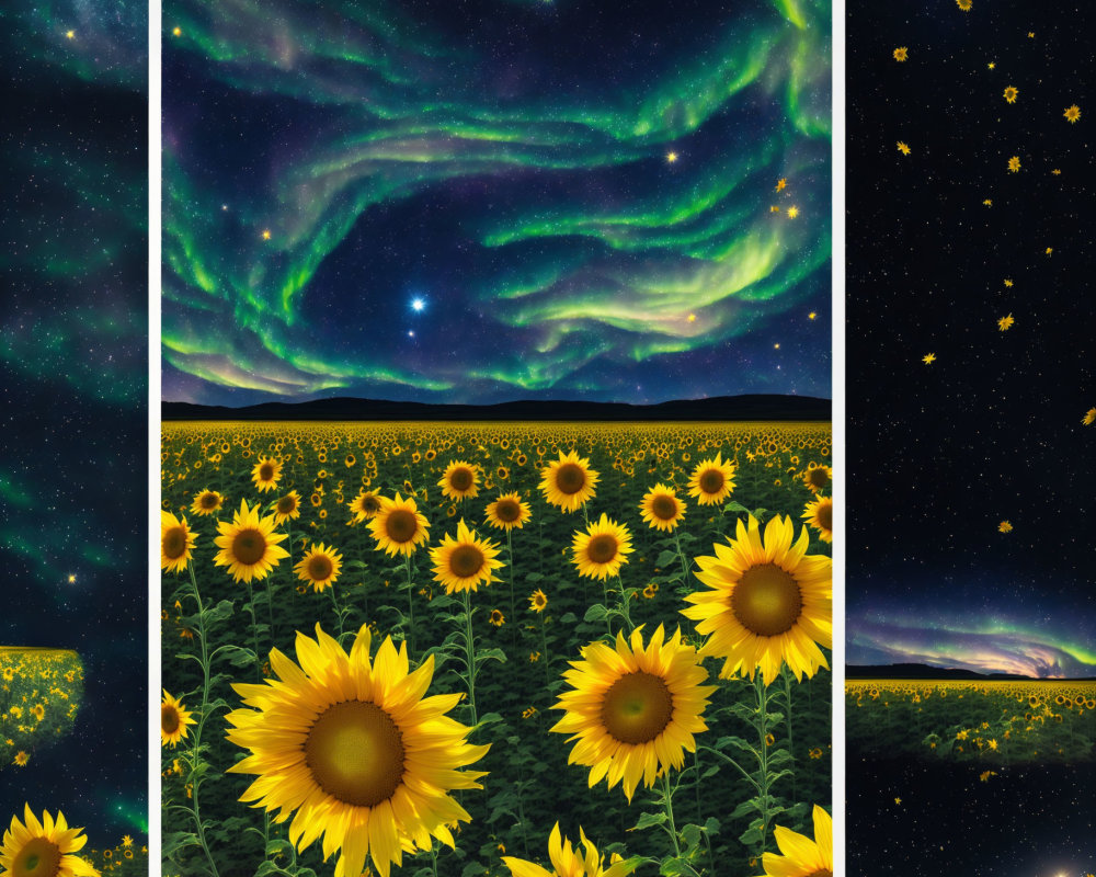 Starry Night Sky Collage with Auroras Over Sunflower Field