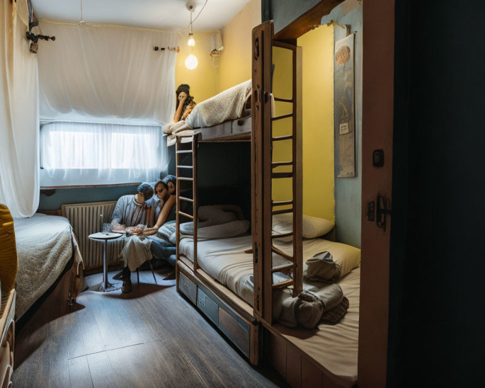 Three individuals in a cozy hostel room with bunk beds, one reading, another on a bottom bunk,