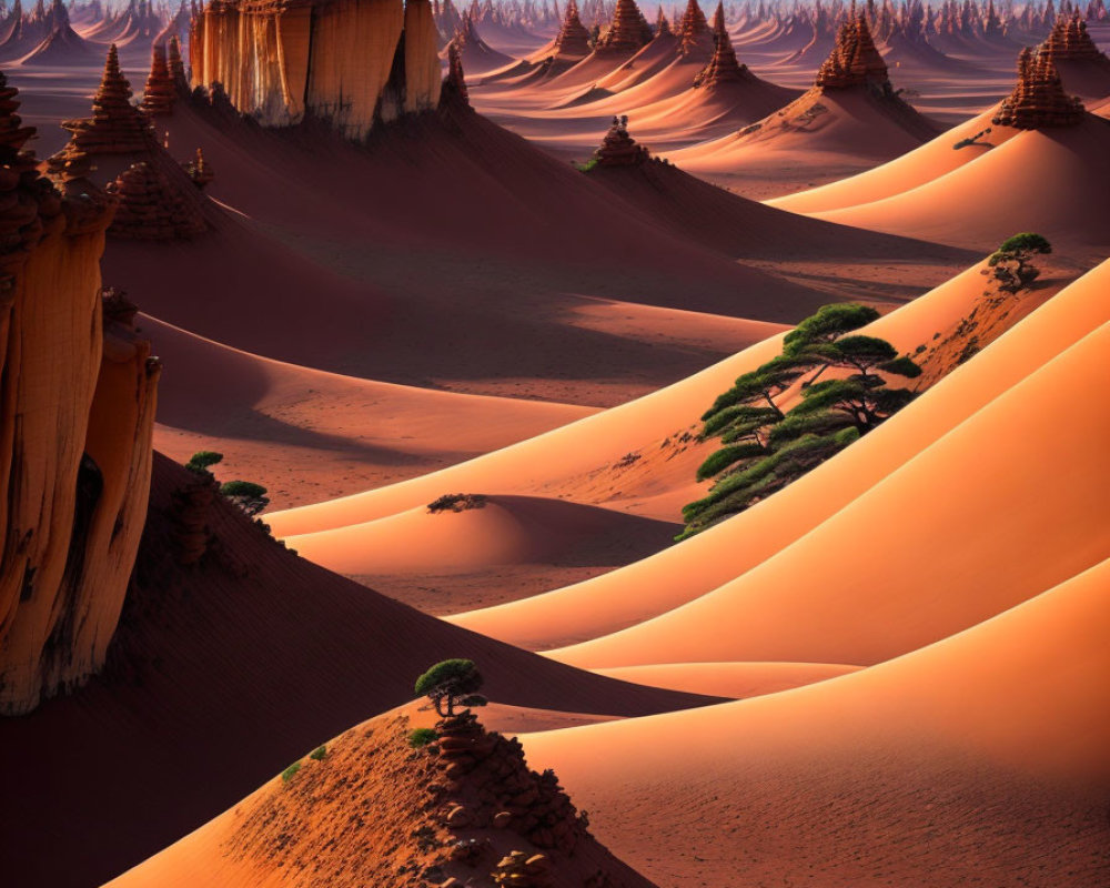 Fantasy landscape with towering sand dunes and spire-like structure