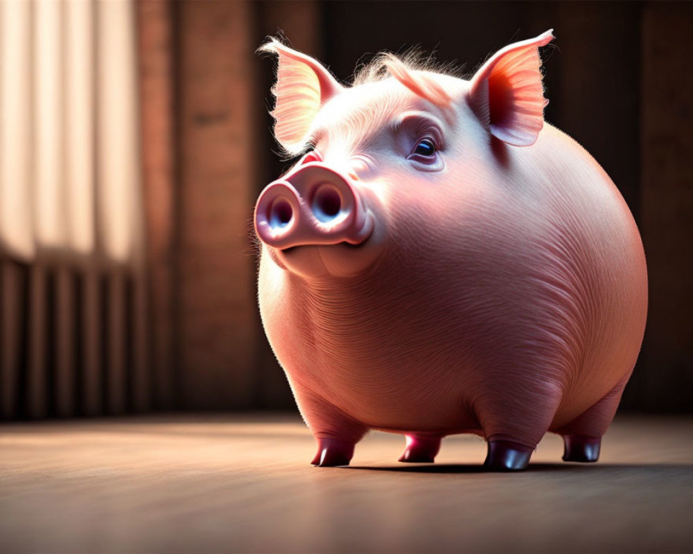 Stylized 3D illustration of plump pig indoors in warm sunlight