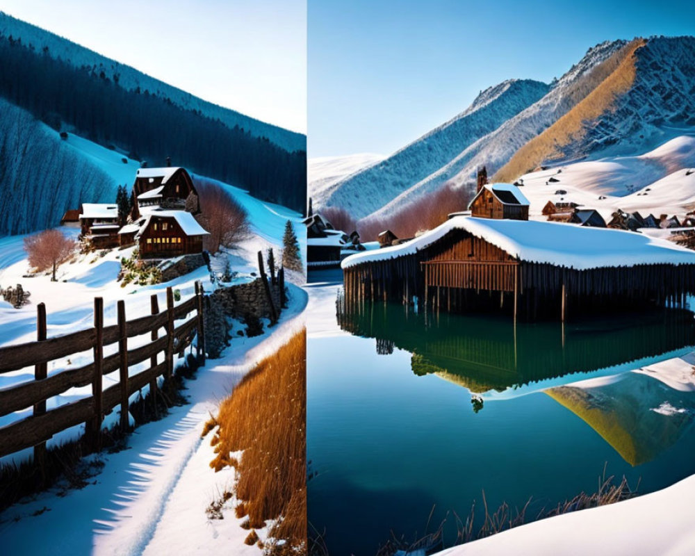 Snow-covered houses, hills, and tranquil lake with reflections.