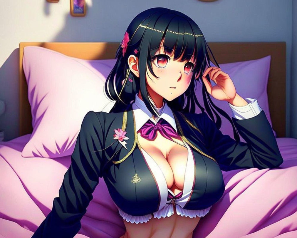Long-haired anime girl in dark outfit on bed with pink pillows